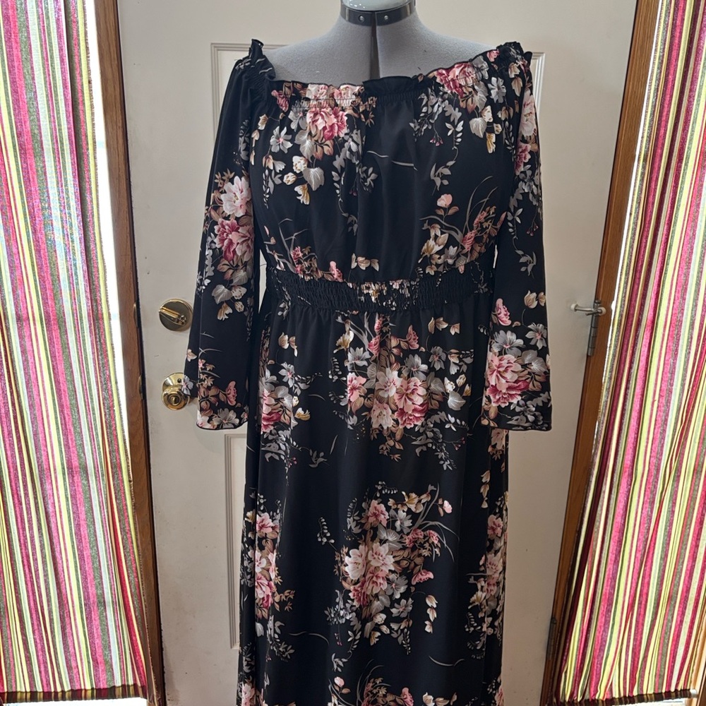 Elegant Floral Long Sleeve Dress 2x black SHEIN